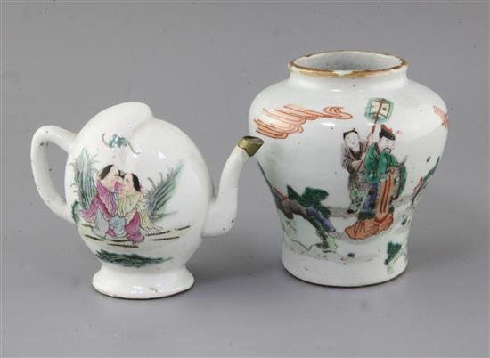 A Chinese famille verte baluster jar and a similar peach shaped wine pot, Qing dynasty, height 12.3cm